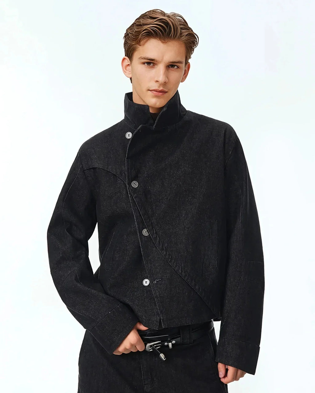 Cropped Asymmetric Button Denim Jacket | Inflation Streetwear