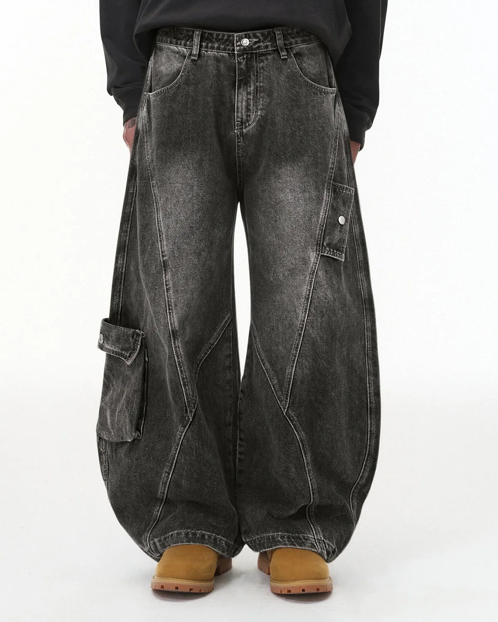 Distressed Washed Cargo Barrel Jeans | Streetwear