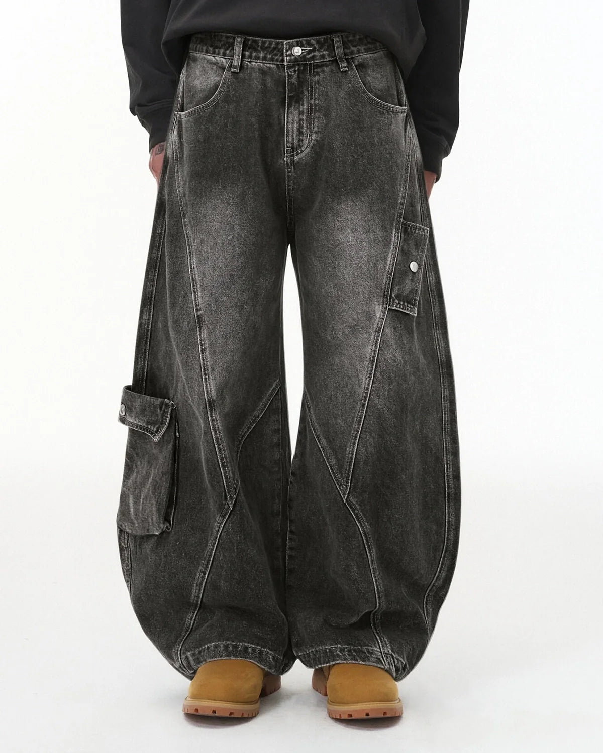 Distressed Washed Cargo Barrel Jeans | Streetwear