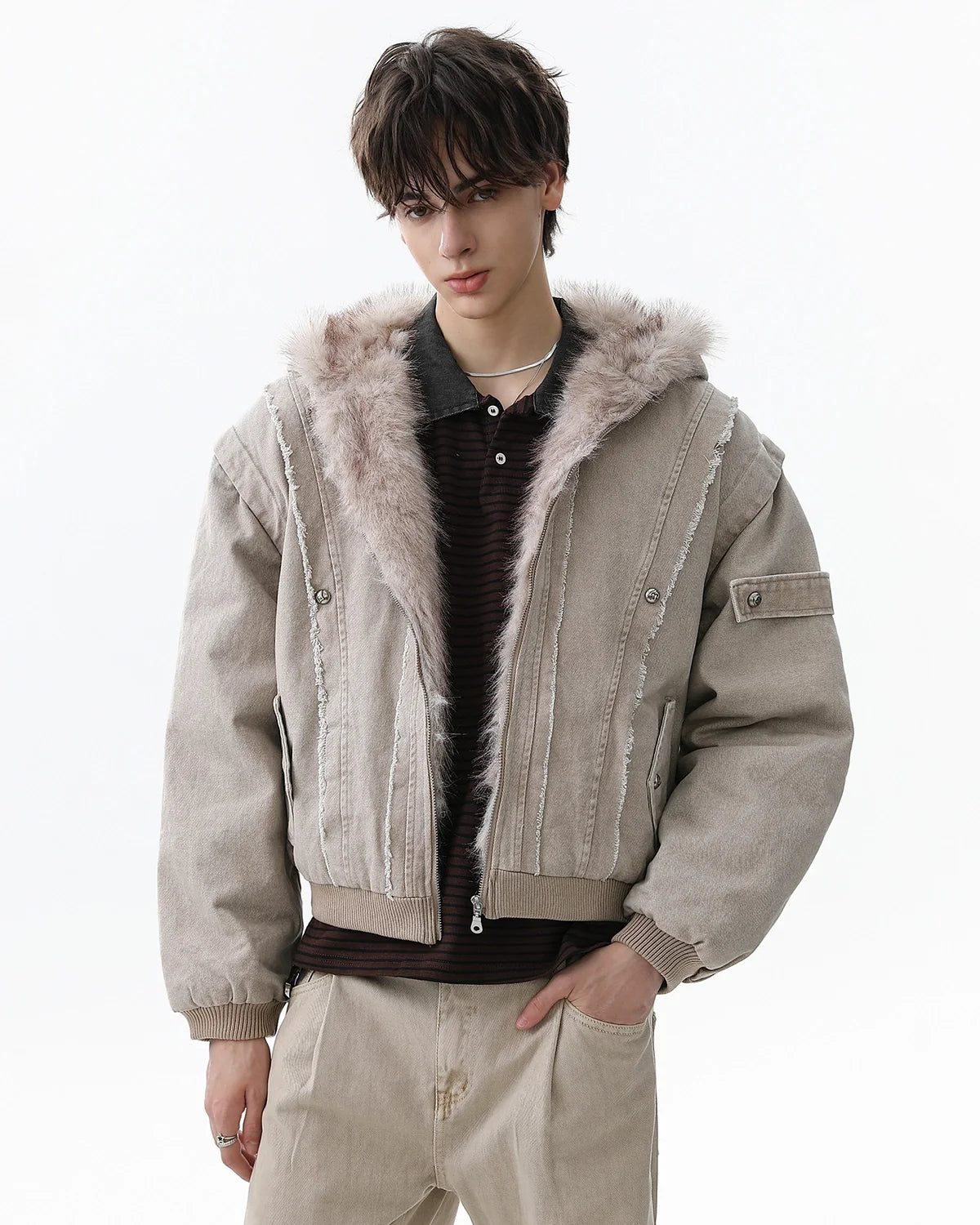 Faux Fur Lined Washed Hooded Jacket | Inflation Streetwear