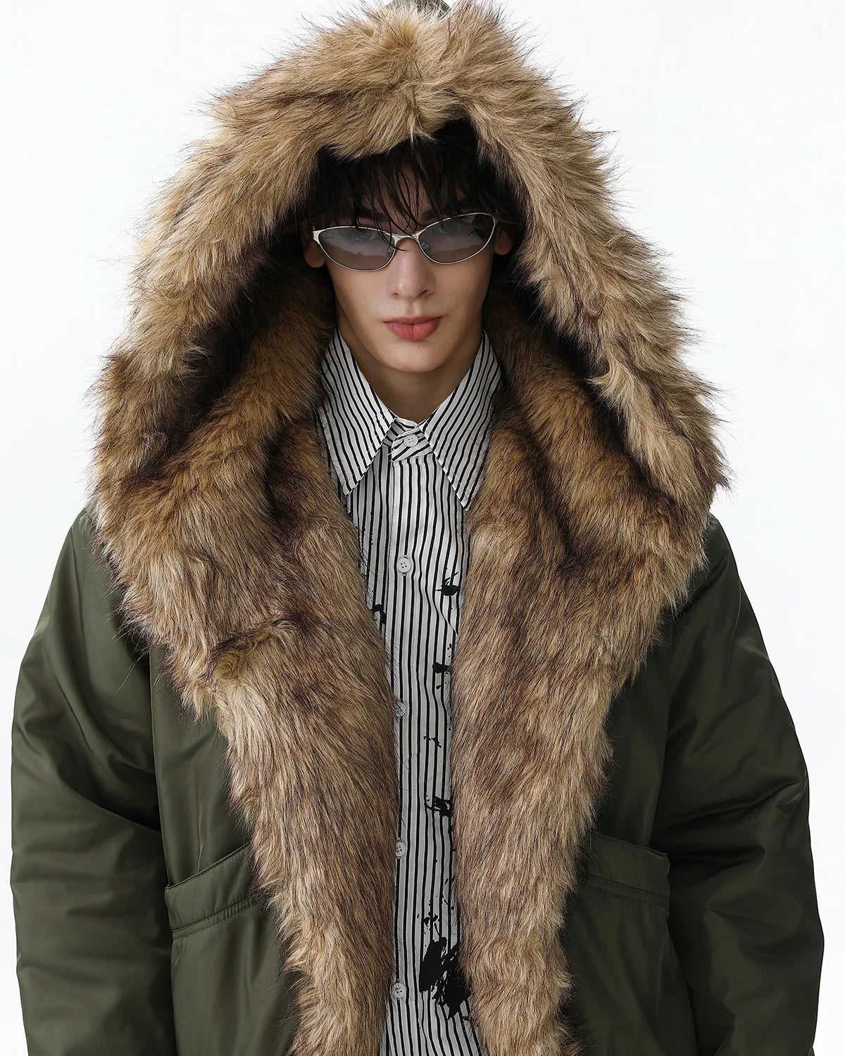 Faux Fur Hooded Green Padded Jacket | INFLATION Streetwear