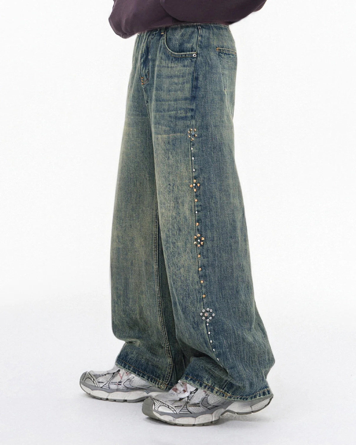 Acid Wash Beaded Studded Baggy Jeans | Inflation Streetwear
