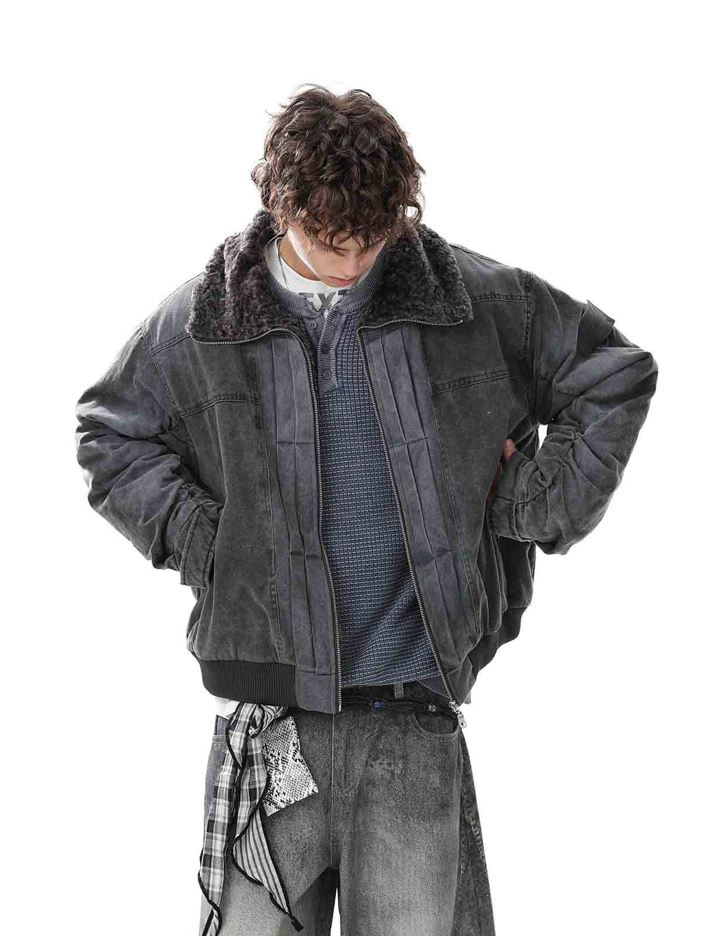 Vintage Distressed Pleated Shearling Collar Fleece Jacket