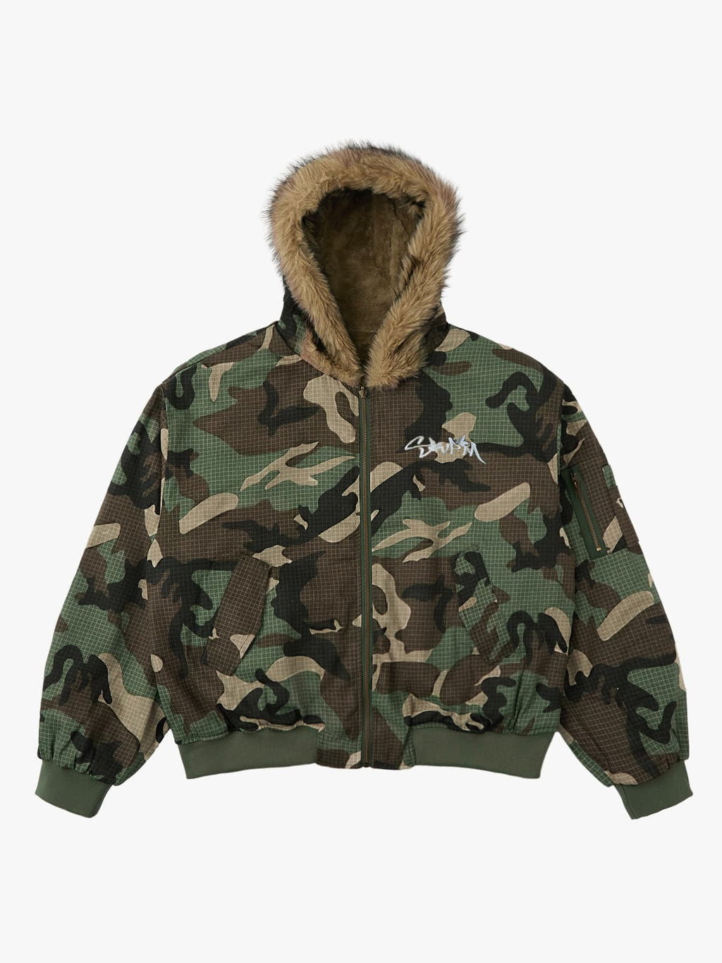 Camouflage Fur Collar Reversible Cotton Jacket - 2499