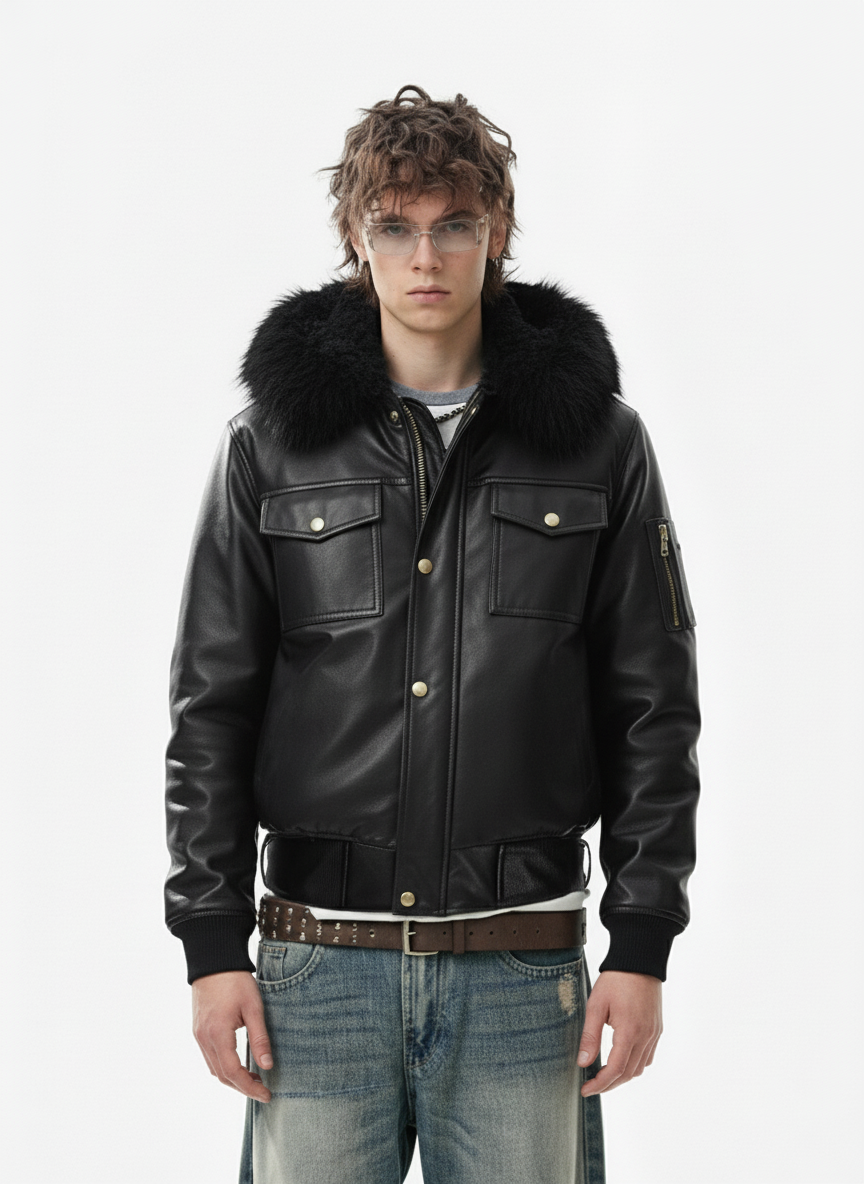 Retro Detachable Fur Collar PU Multi-Pocket Bomber Jacket