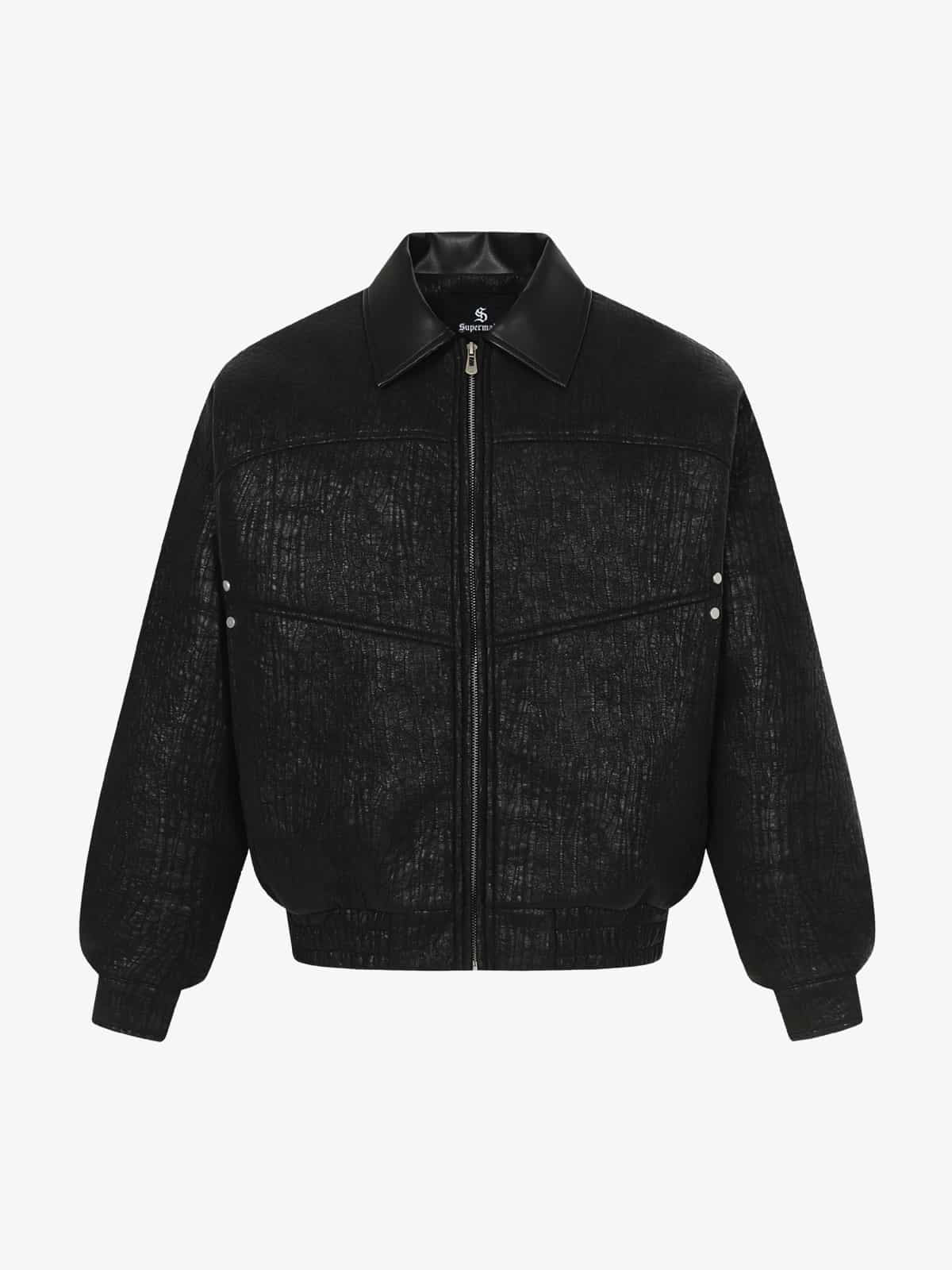Retro Textured PU Patchwork Workwear Bomber Jacket