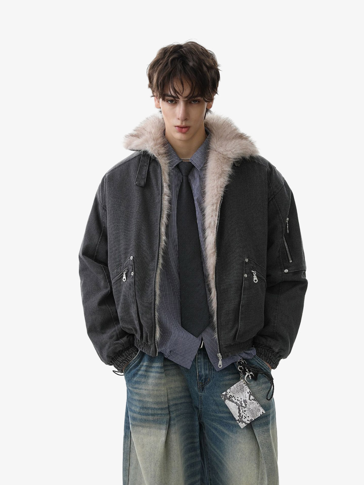 Pocket Zip Up Fur Collar Work Quilted Jacket