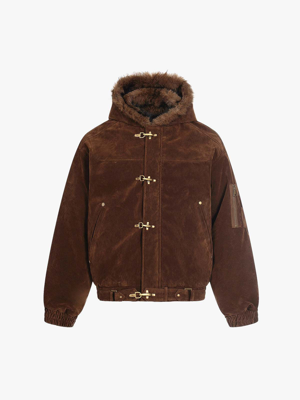 Streetwear Metal Clip Faux Fur Hooded Suede Bomber Jacket