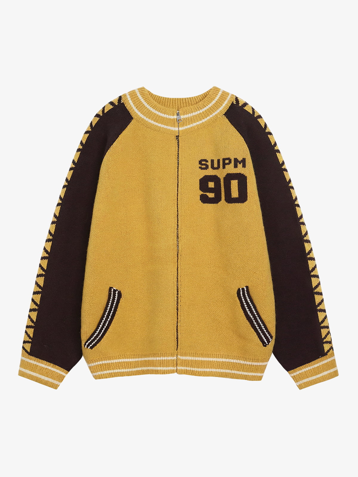 Retro Motorcycle Colorblock  Knitted Zip-up Sweater Jacket