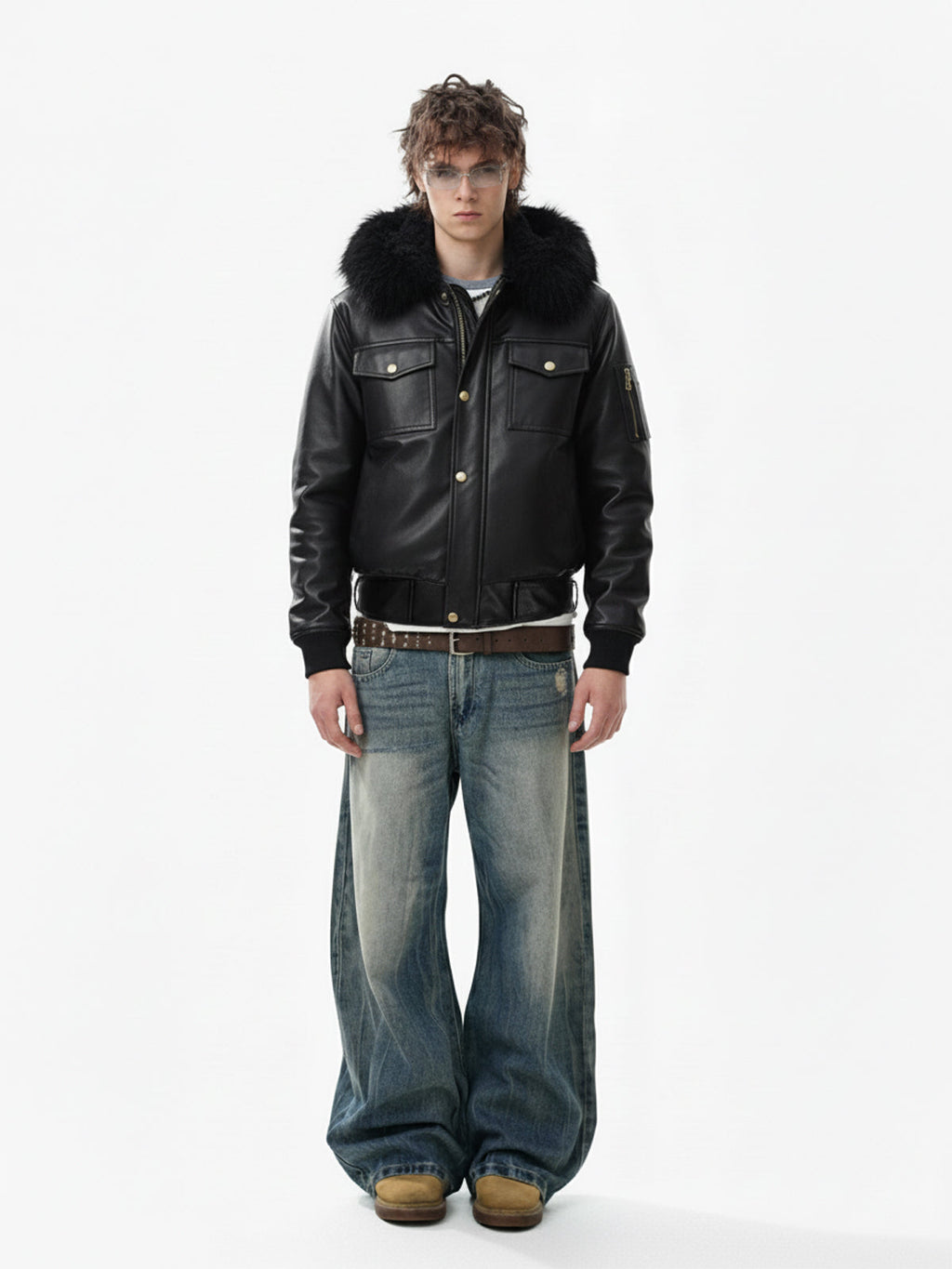 Retro Detachable Fur Collar PU Multi-Pocket Bomber Jacket