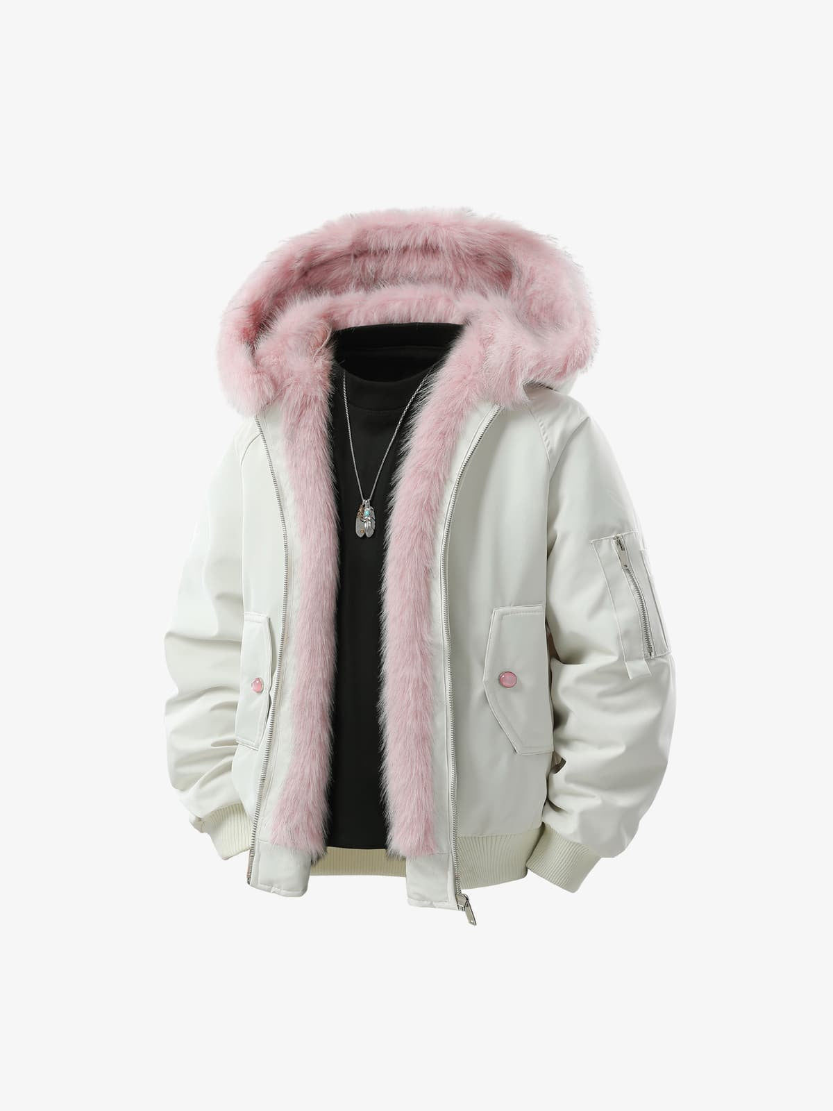 Retro Contrast Fur Collar Quilted Cotton Bomber Jacket