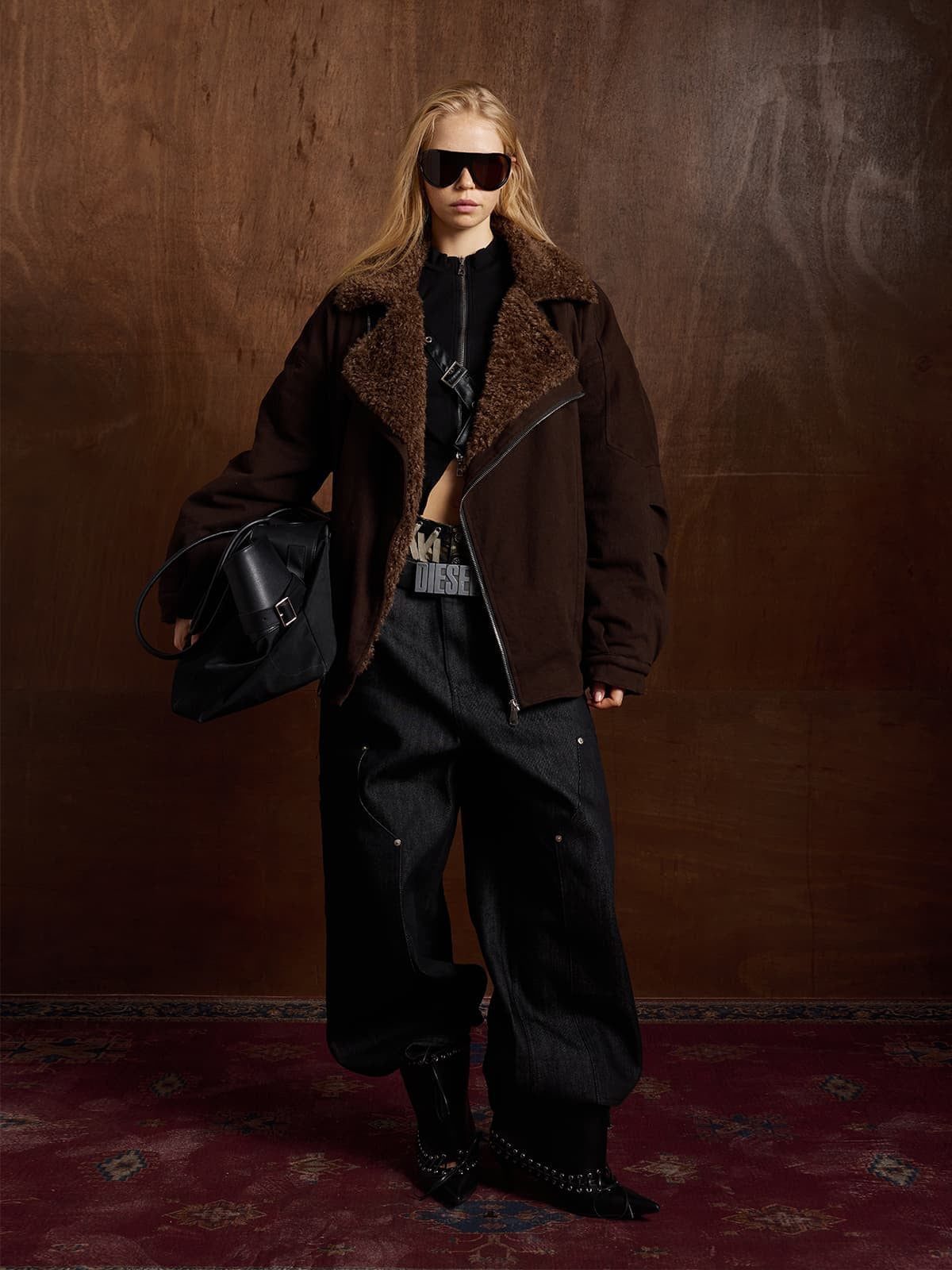 Street Punk Oblique Zipper Lambswool Collar Quilted Jacket