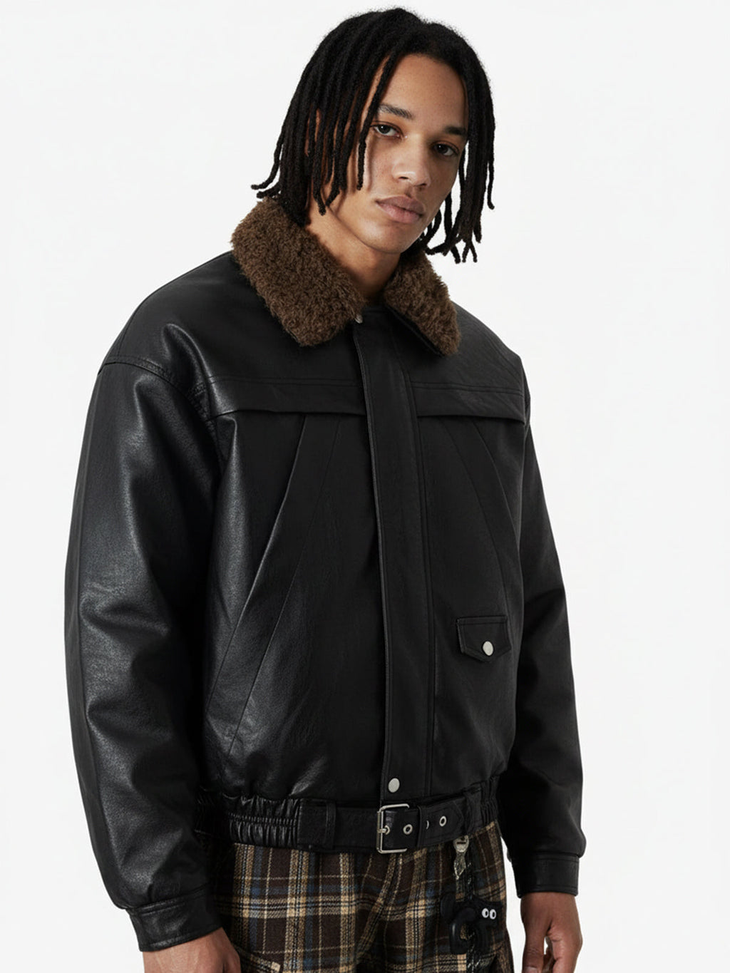 Vintage Detachable Fur Collar Quilted Leather Jacket - 2523