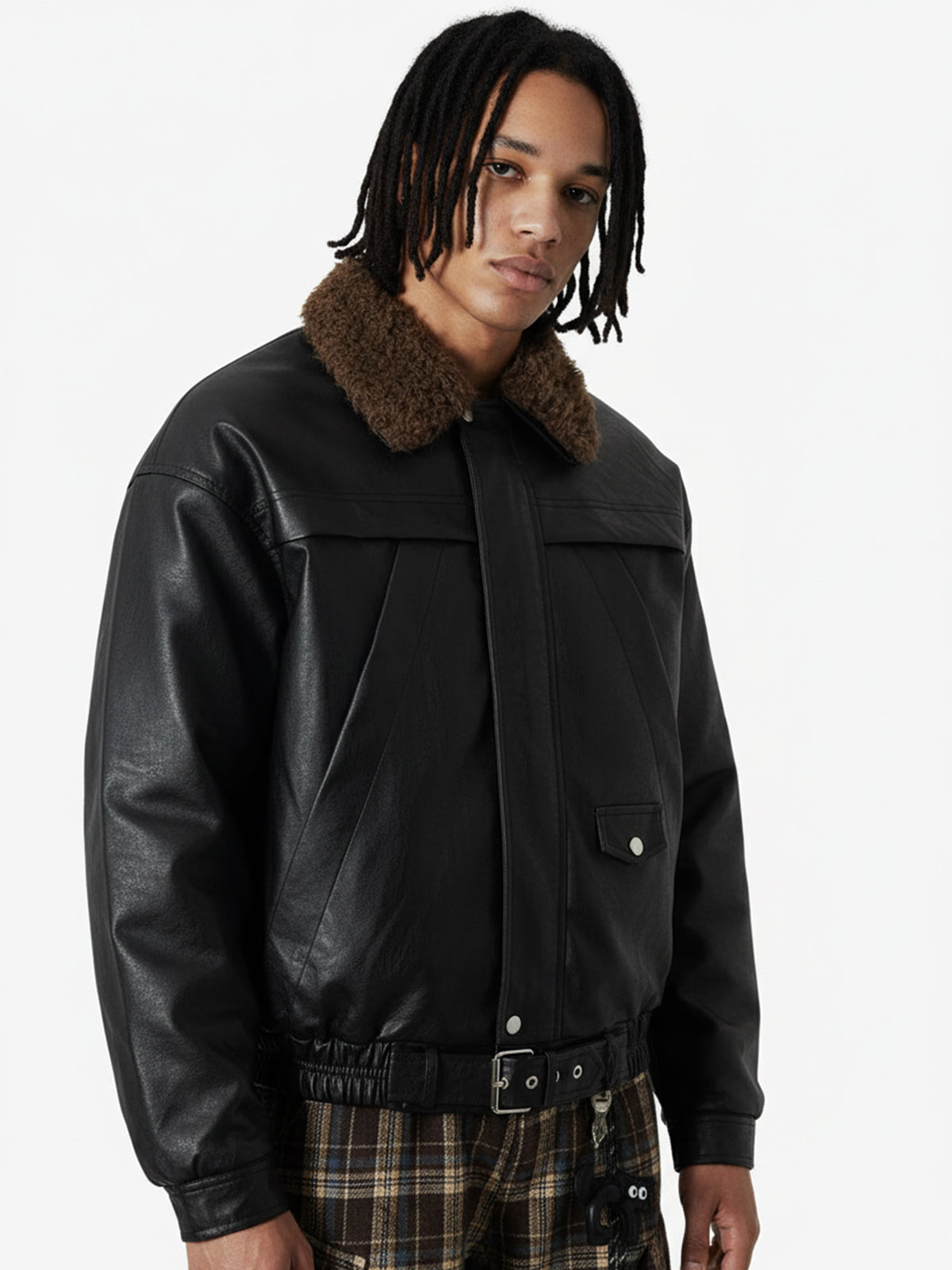 Vintage Detachable Fur Collar Quilted Leather Jacket - 2523