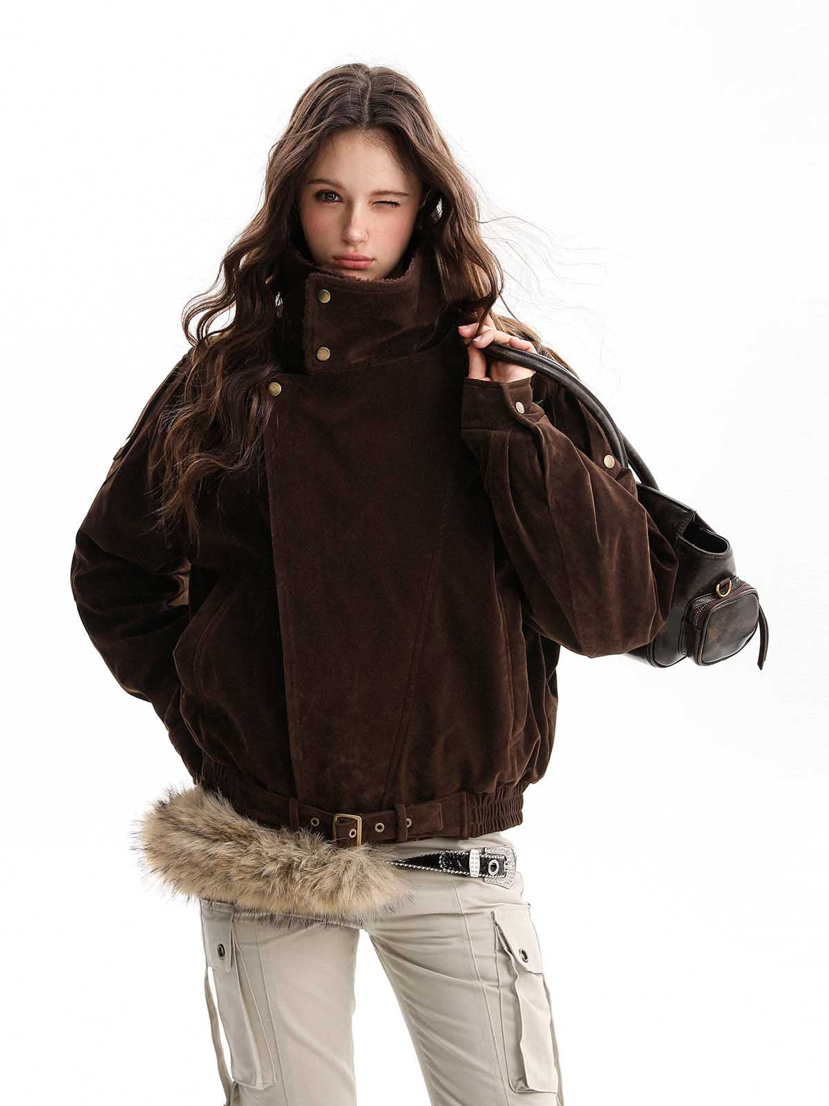 Retro Asymmetrical Lambswool Suede Padded Jacket