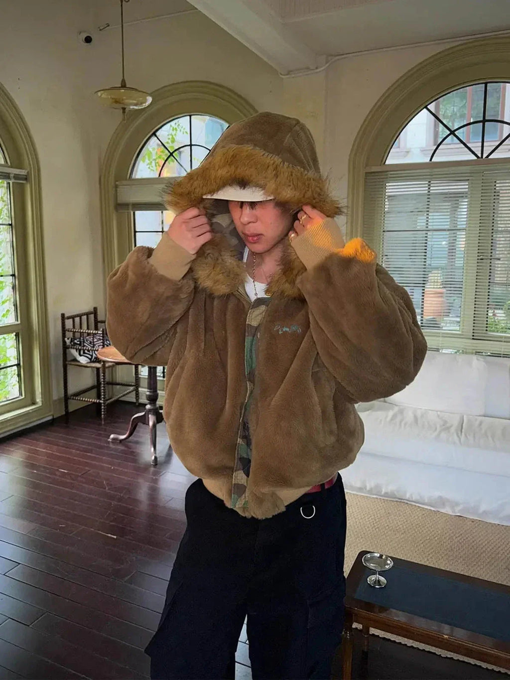 Camouflage Fur Collar Reversible Cotton Jacket - 2499