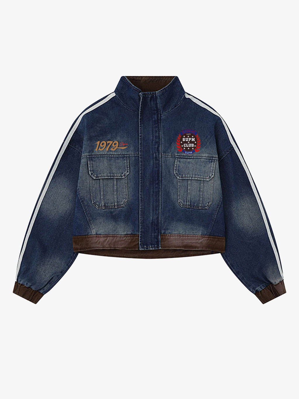 Retro Badge Embroidered Cropped Denim Jacket