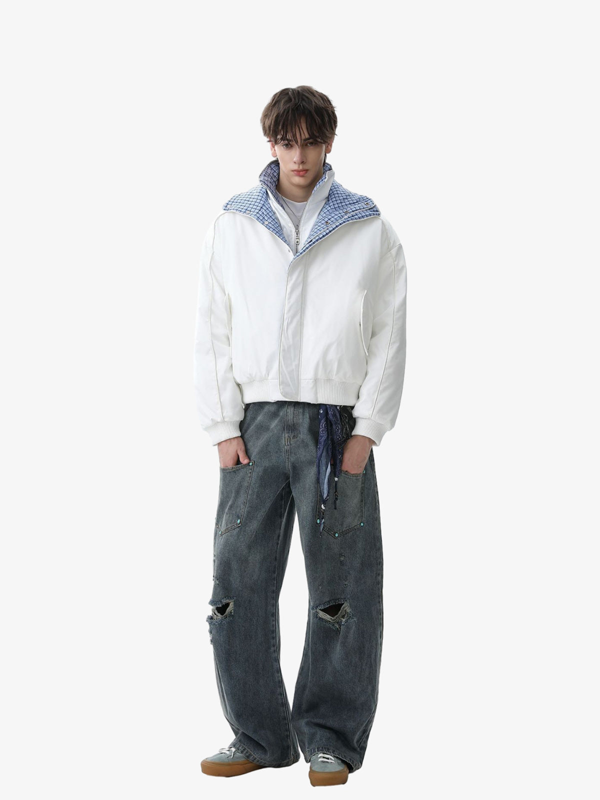 Retro Layered Look Plaid Collar Padded Jacket