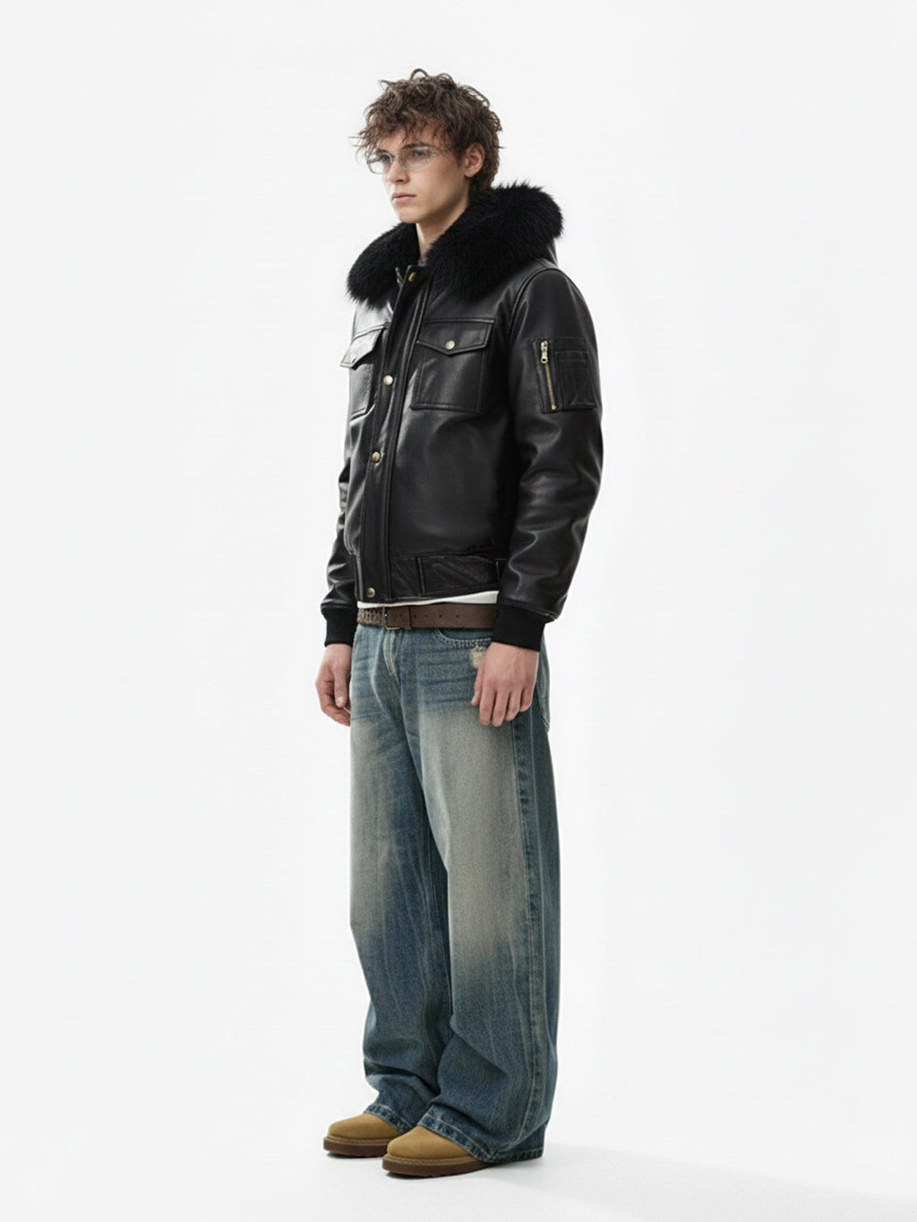 Retro Detachable Fur Collar PU Multi-Pocket Bomber Jacket