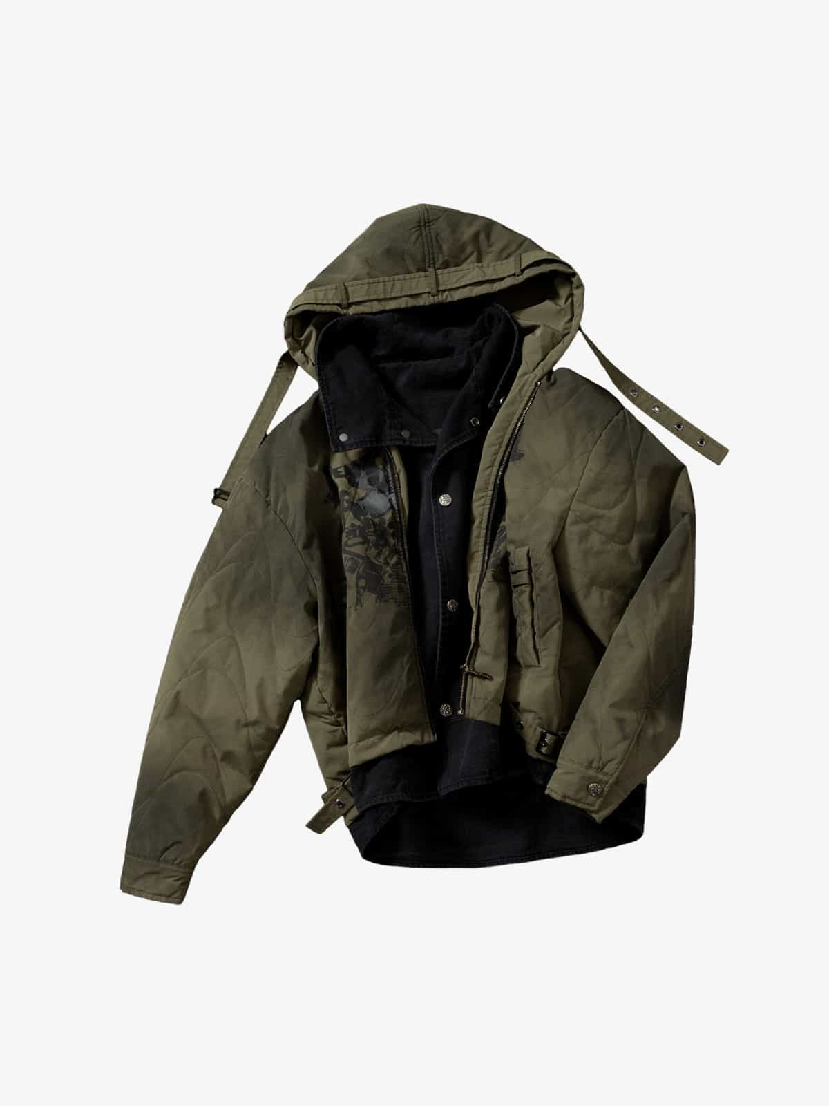 Vintage Quilted Military Patchwork Zip-Up Hoodie Jacket