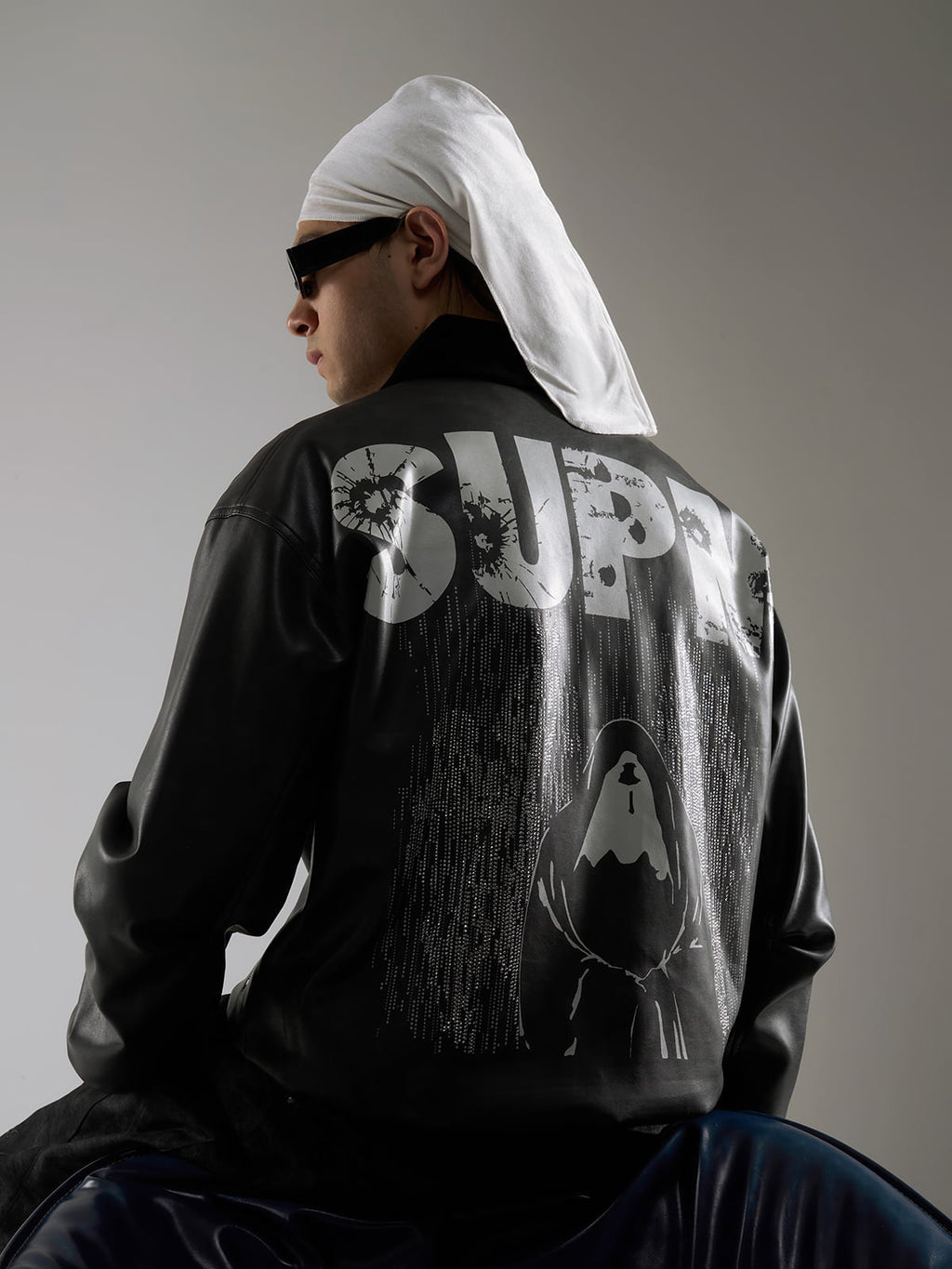 SUPM Fur Collar Rhinestone Pattern Leather Jacket