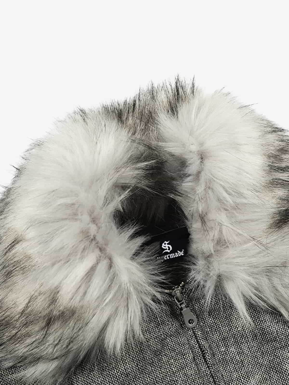 Retro Faux Fur Collar Wool Textured Zip Up Bomber Jacket