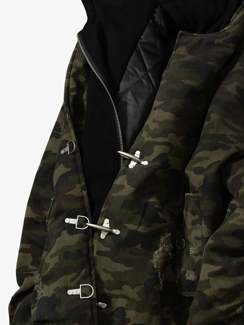 Retro Camouflage Faux Layered Metal Buckle Padded Jacket