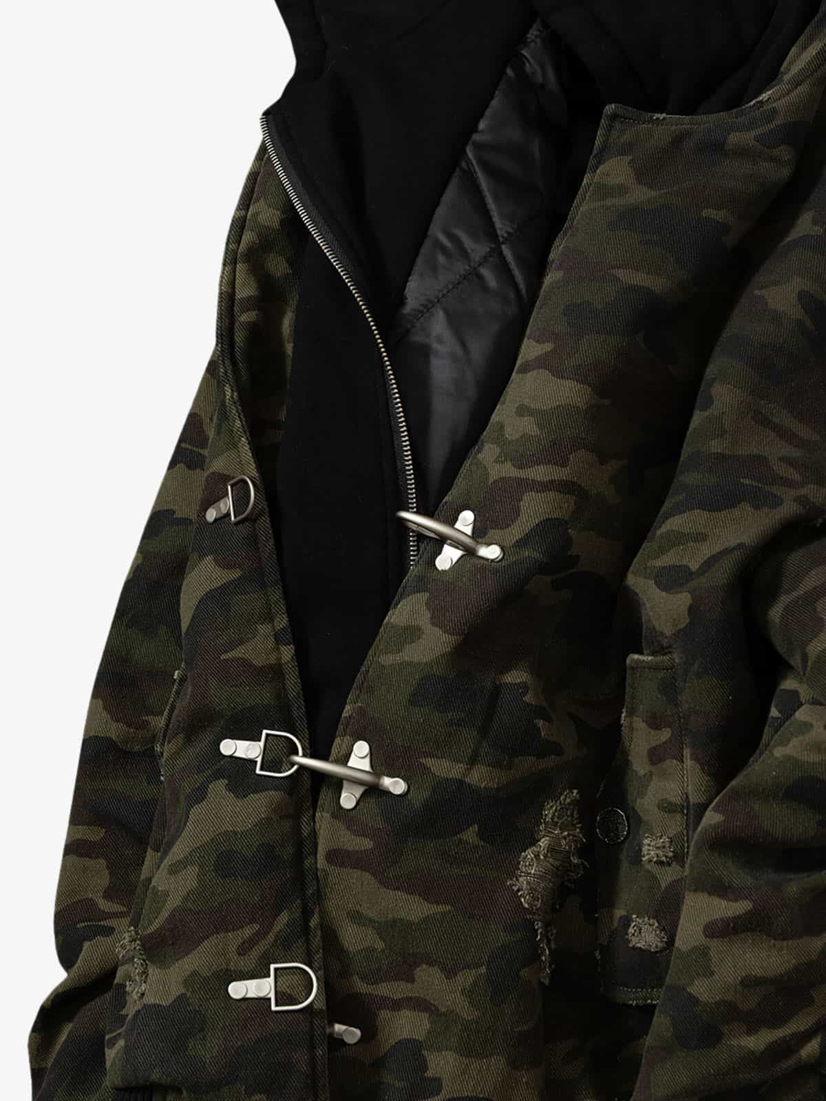 Retro Camouflage Faux Layered Metal Buckle Padded Jacket