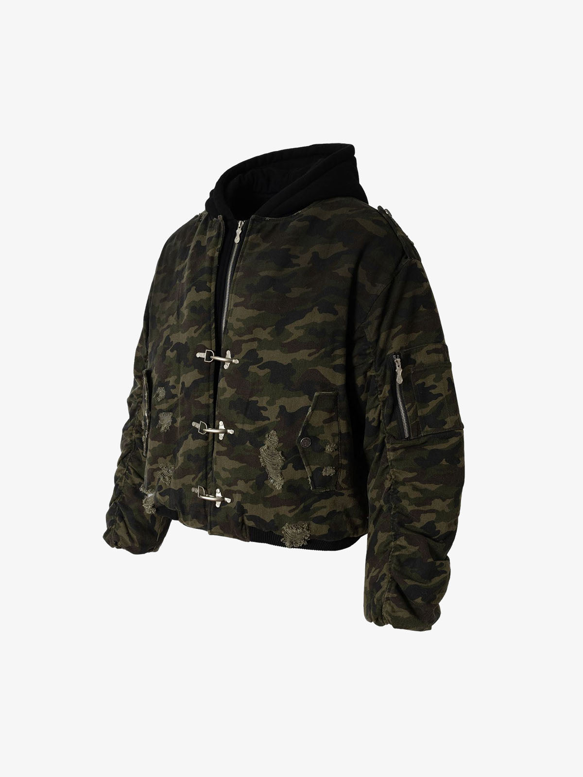 Retro Camouflage Faux Layered Metal Buckle Padded Jacket