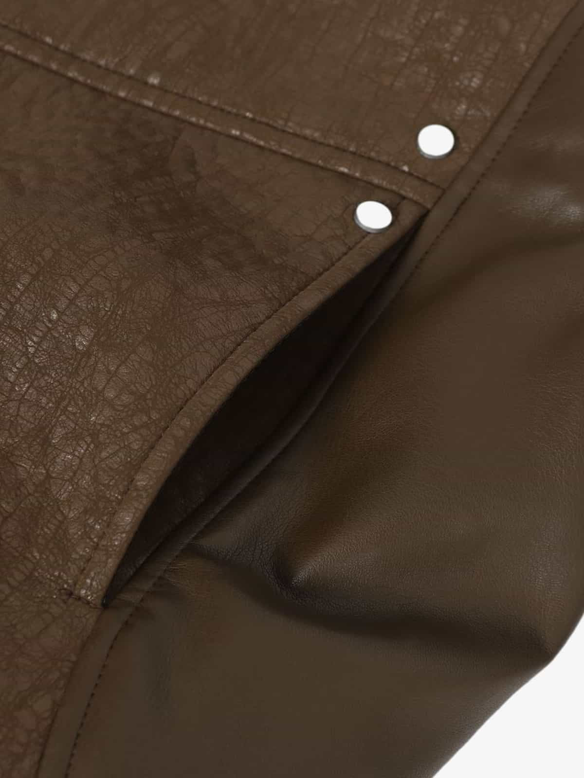 Retro Textured PU Patchwork Workwear Bomber Jacket