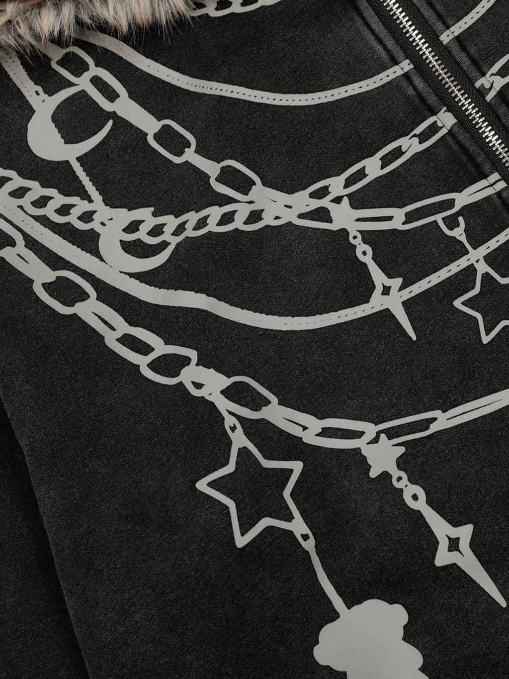 Retro Chain-Decorated Washed Fur Collar Hooded Jacket