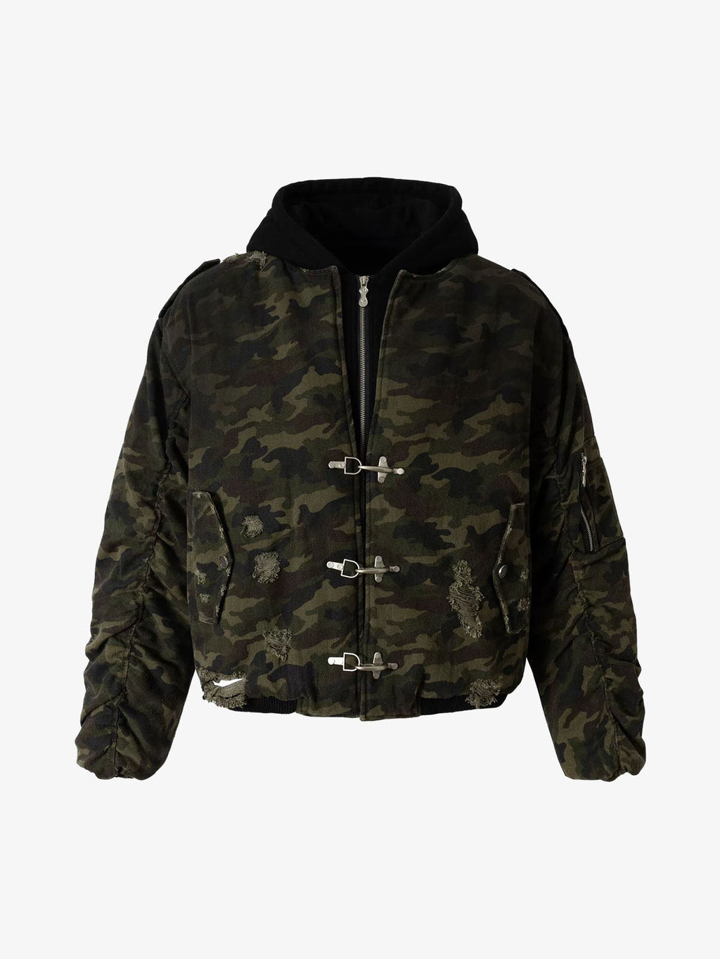 Retro Camouflage Faux Layered Metal Buckle Padded Jacket