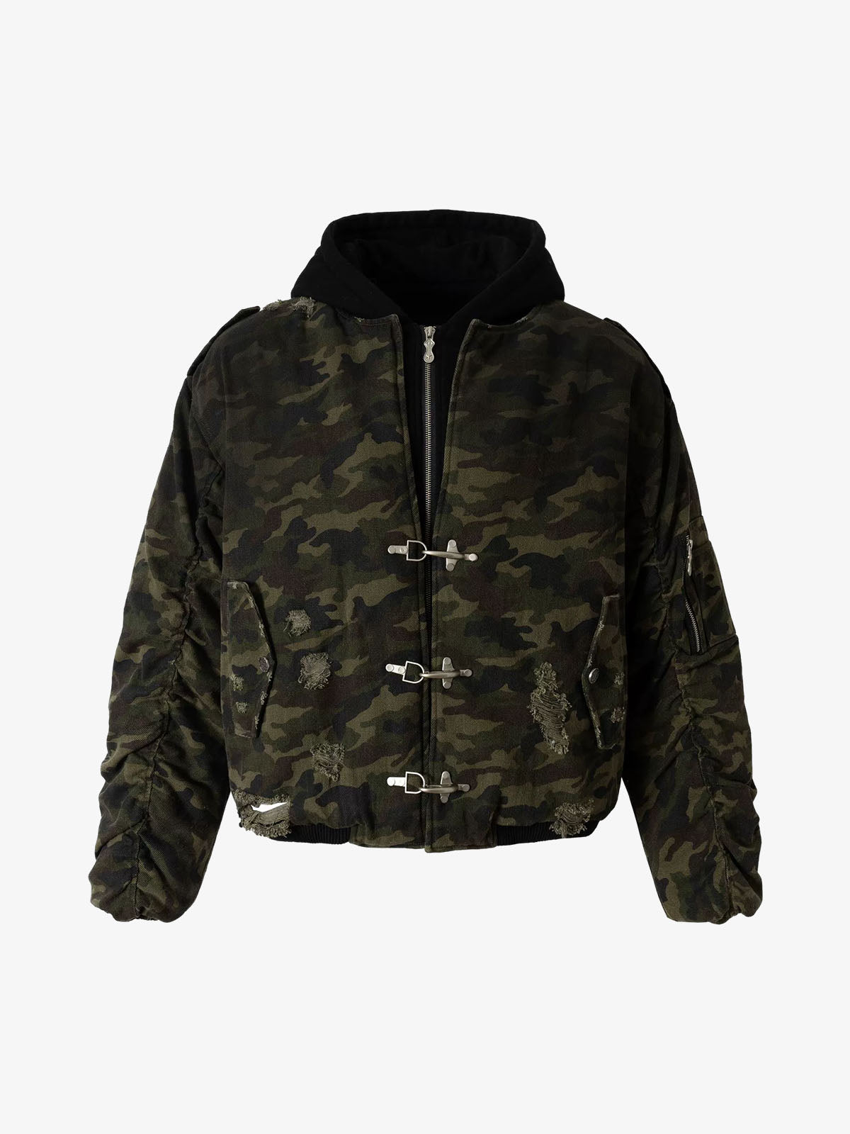 Retro Camouflage Faux Layered Metal Buckle Padded Jacket