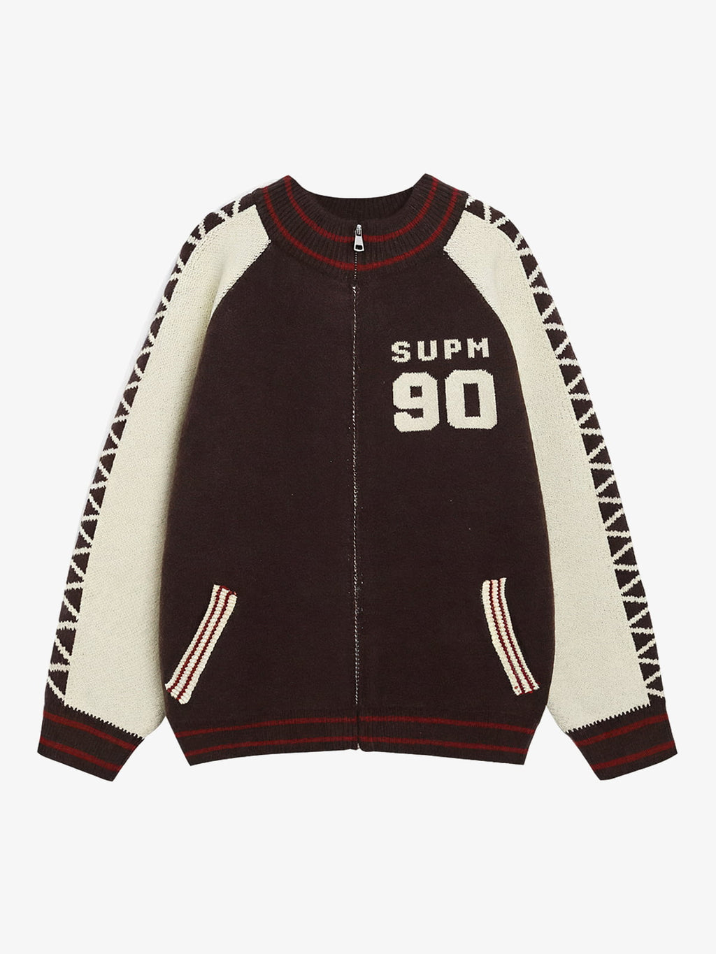 Retro Motorcycle Colorblock  Knitted Zip-up Sweater Jacket