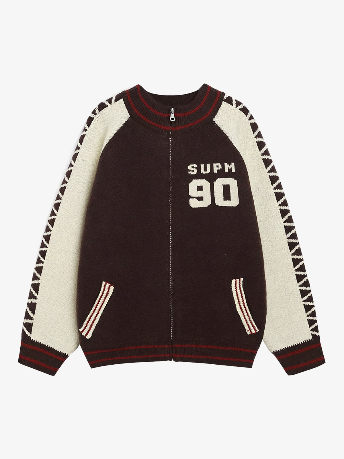 Retro Motorcycle Colorblock  Knitted Zip-up Sweater Jacket