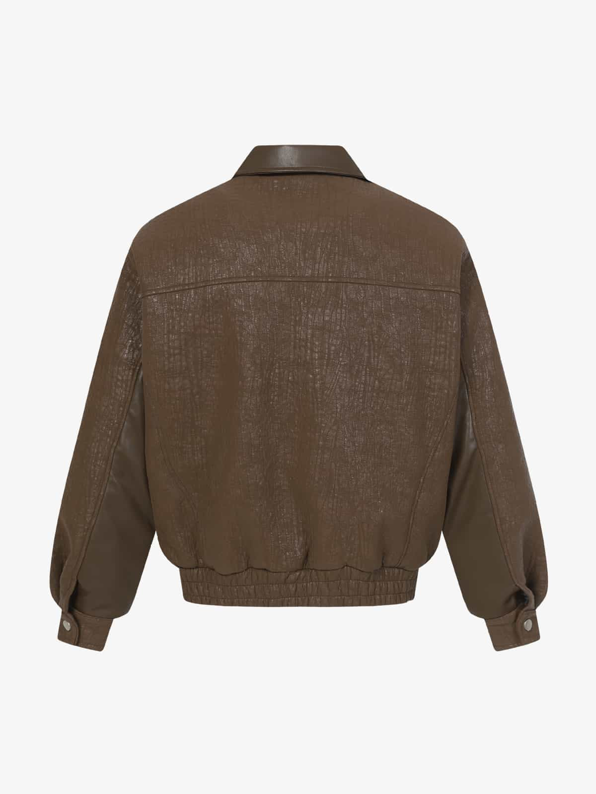 Retro Textured PU Patchwork Workwear Bomber Jacket