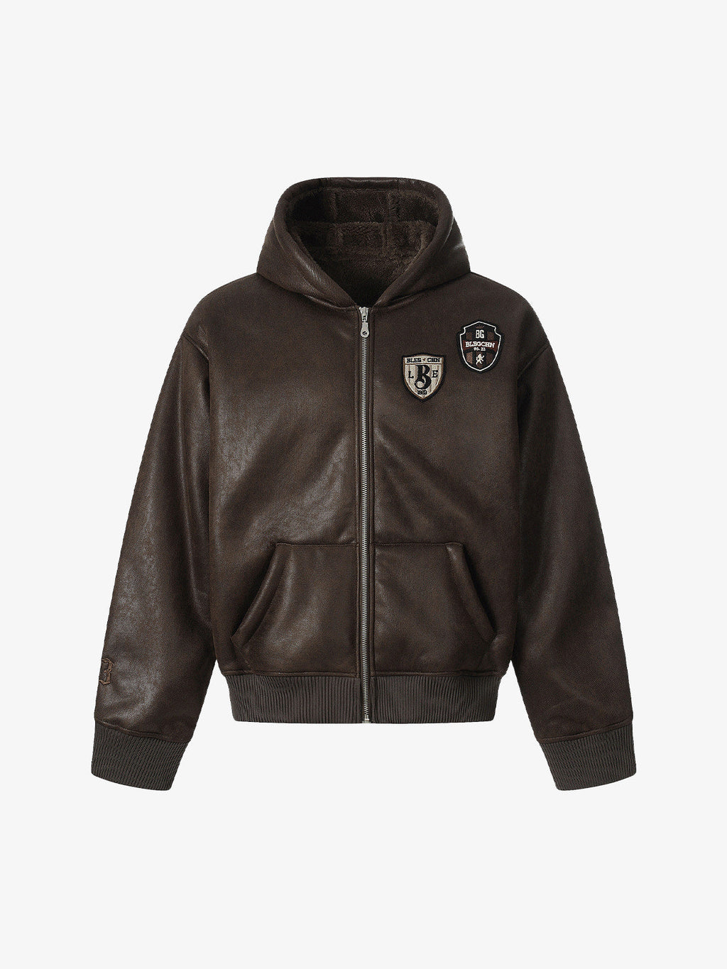 Vintage Leather Badge Fleece-lined Hooded Zip Bomber Jacket - 2547
