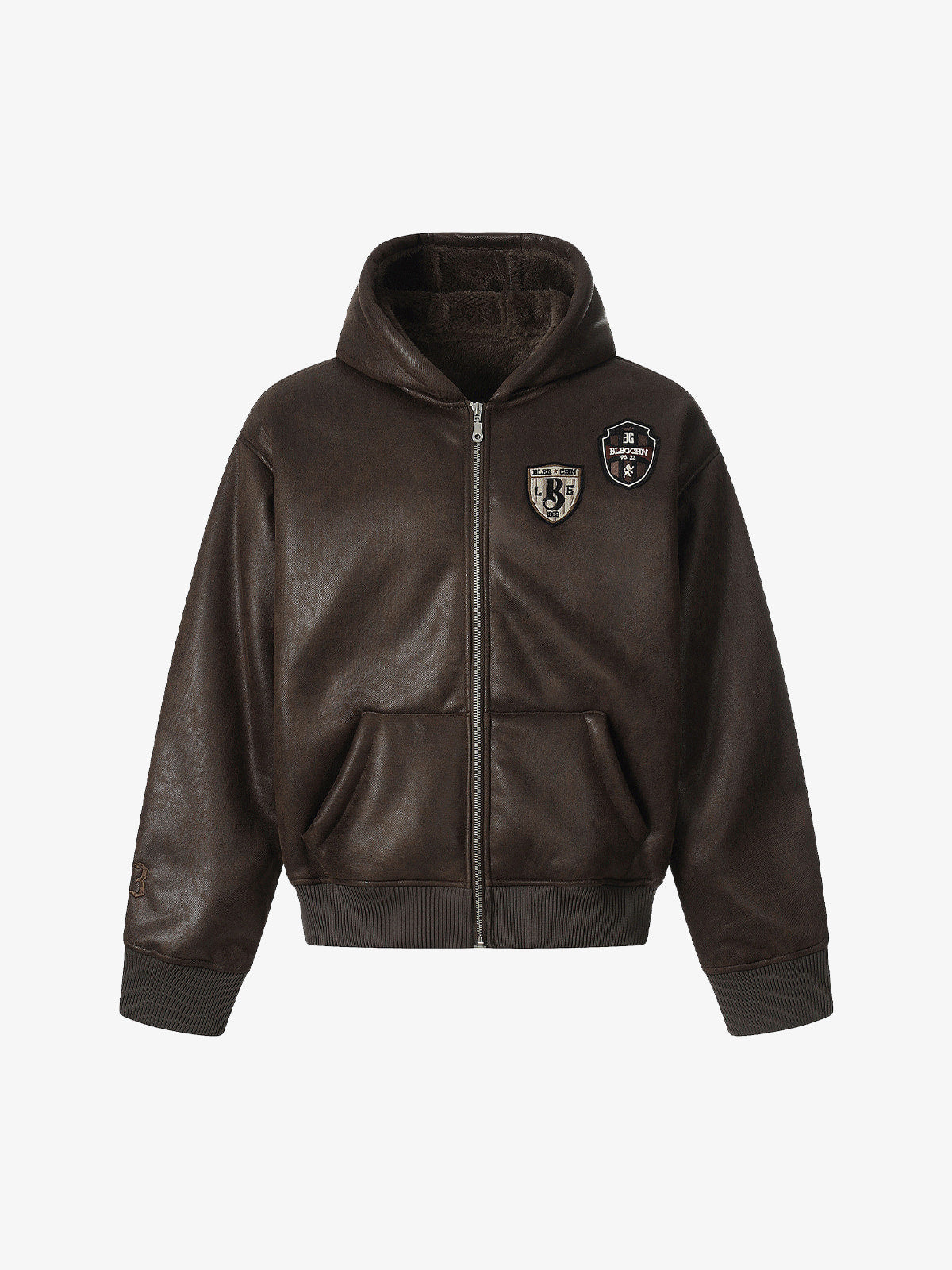 Vintage Leather Badge Fleece-lined Hooded Zip Bomber Jacket - 2547