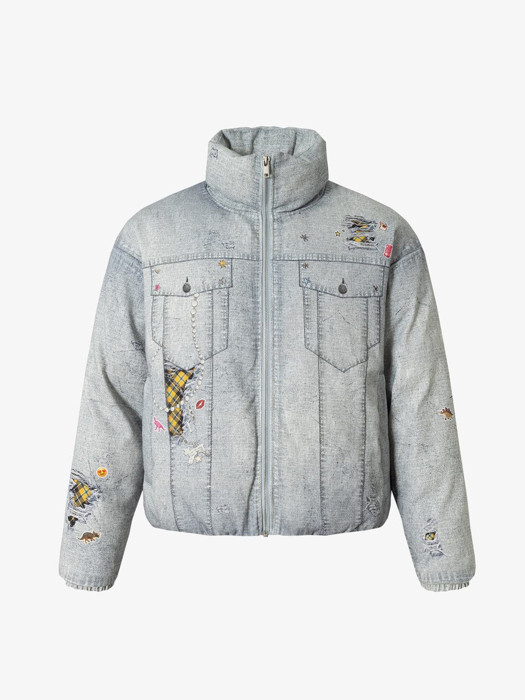 Street Illusion Denim Print Stand Collar Padded Cotton Jacket
