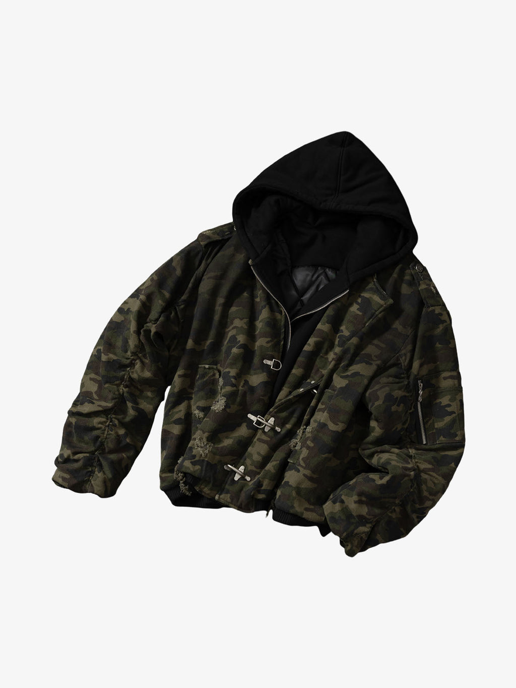 Retro Camouflage Faux Layered Metal Buckle Padded Jacket