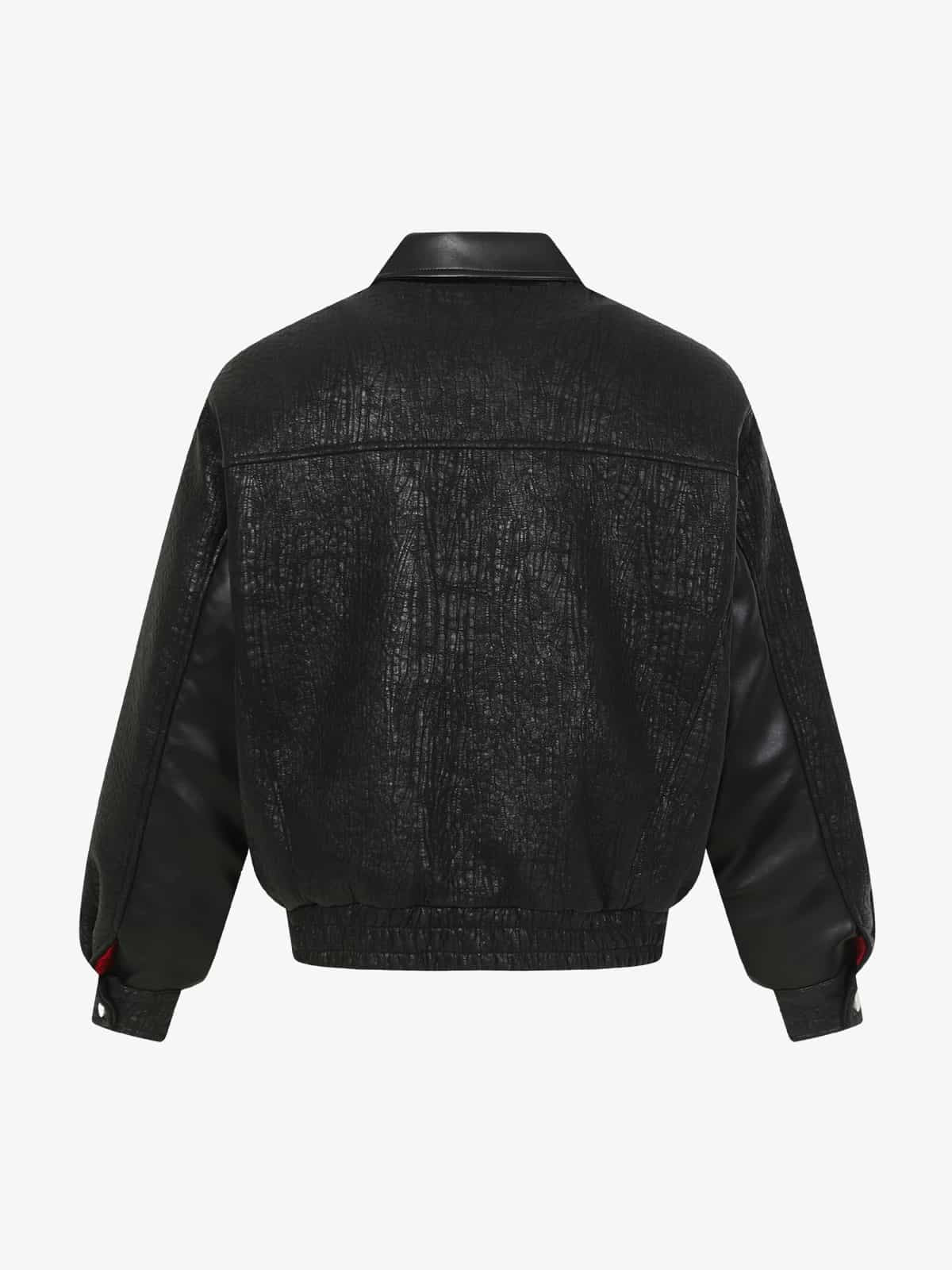 Retro Textured PU Patchwork Workwear Bomber Jacket