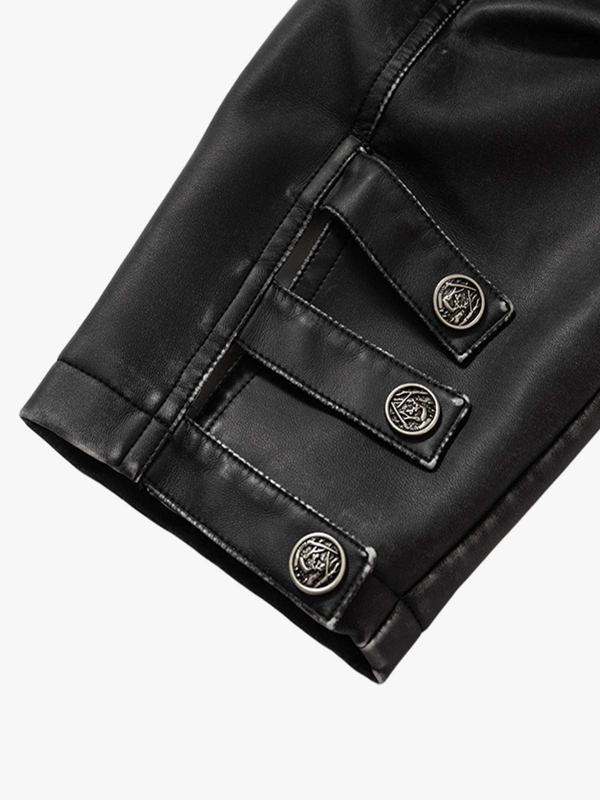 Skull Print Paneled Stand-Up Collar Leather Jacket