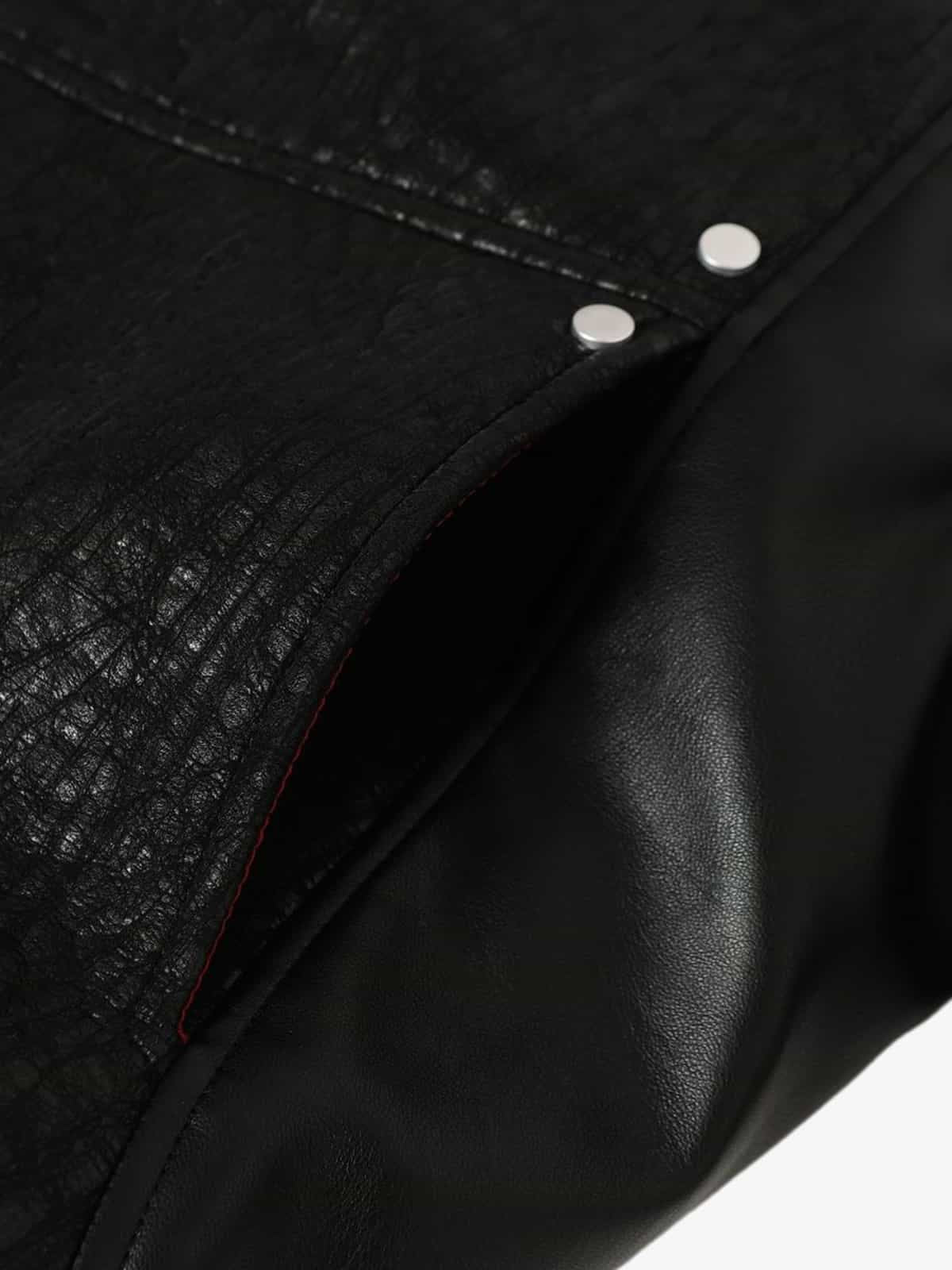 Retro Textured PU Patchwork Workwear Bomber Jacket