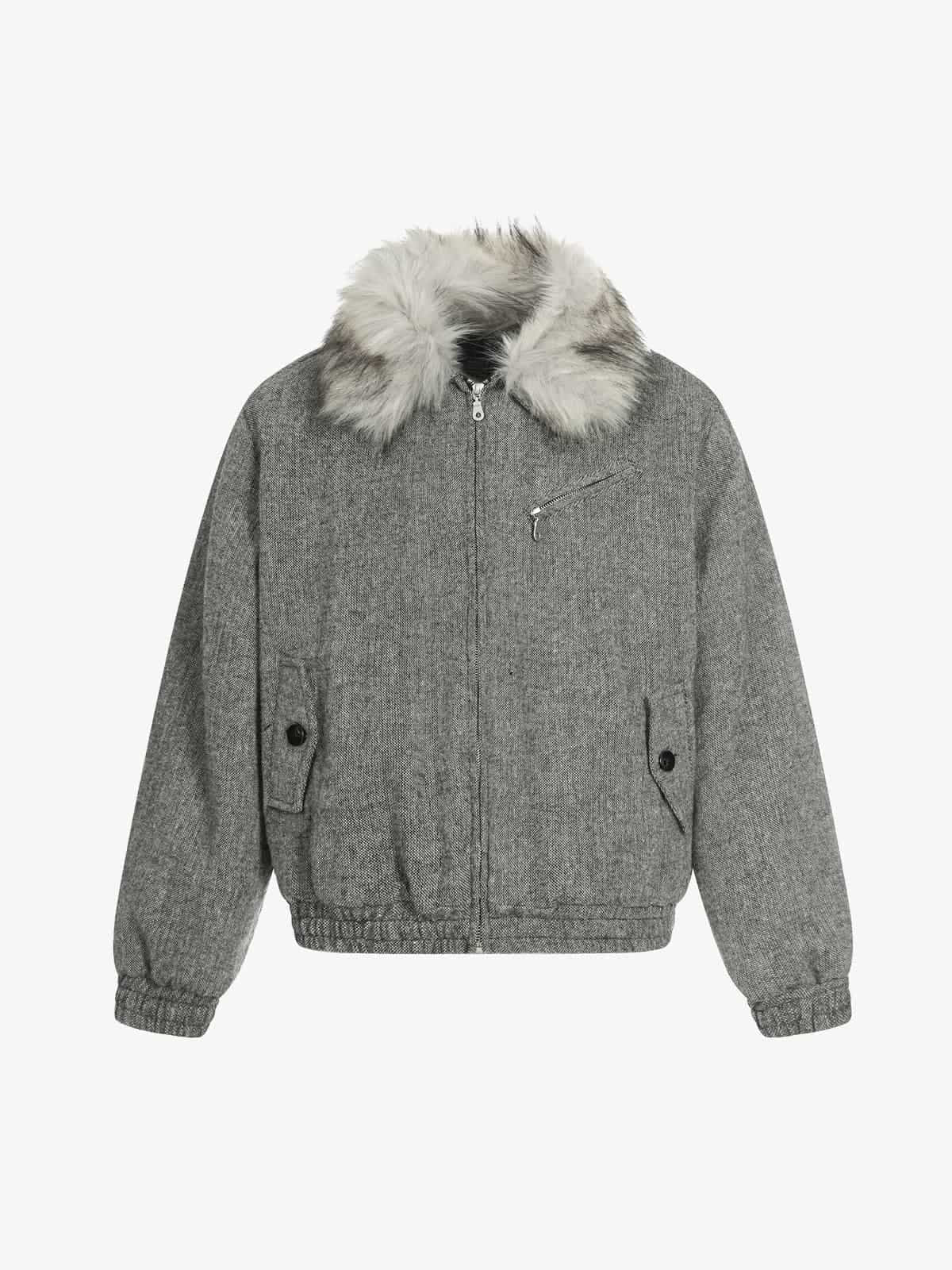 Retro Faux Fur Collar Wool Textured Zip Up Bomber Jacket