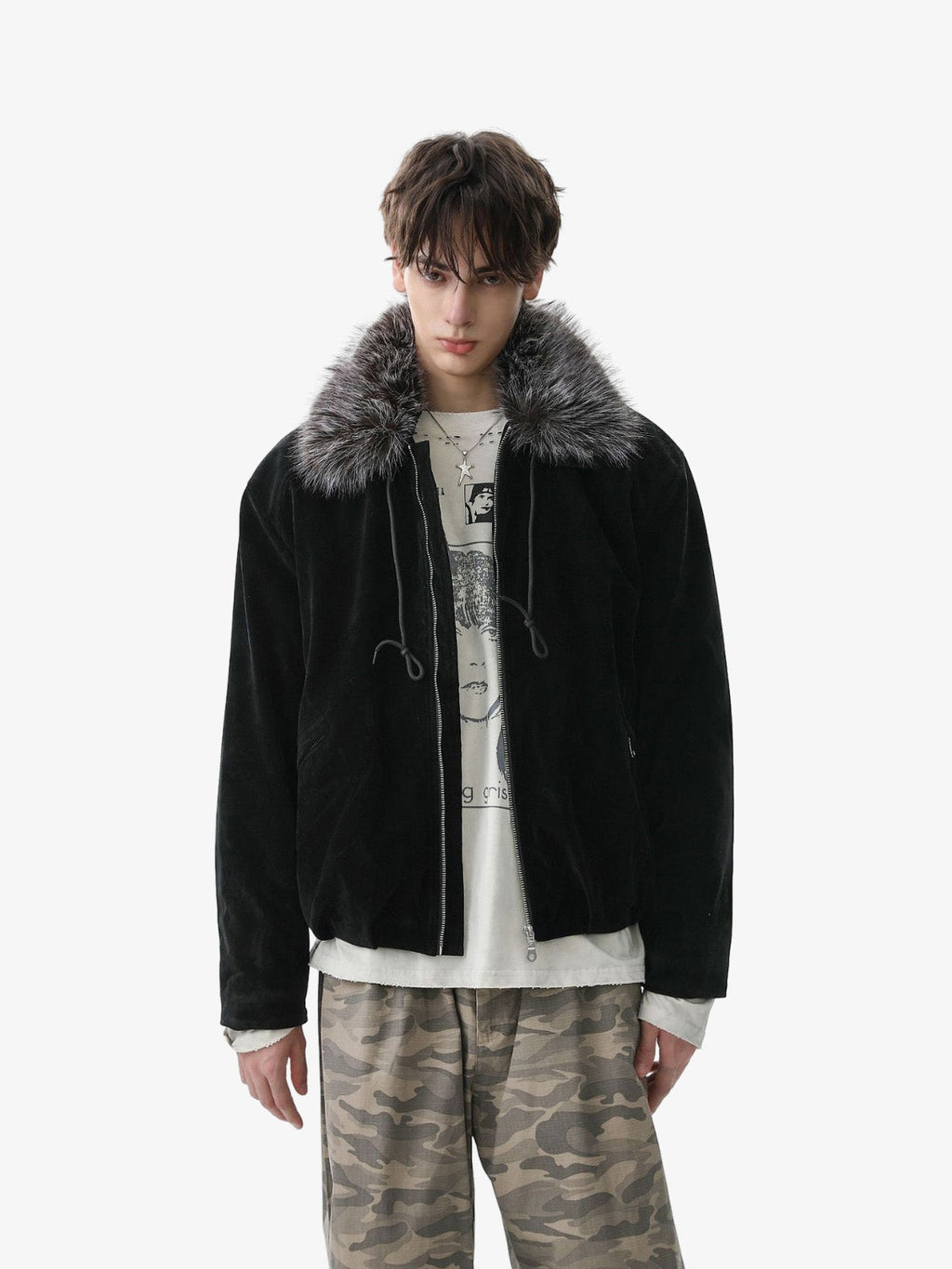 Vintage Drawstring Design Fur Collar Padded Jacket