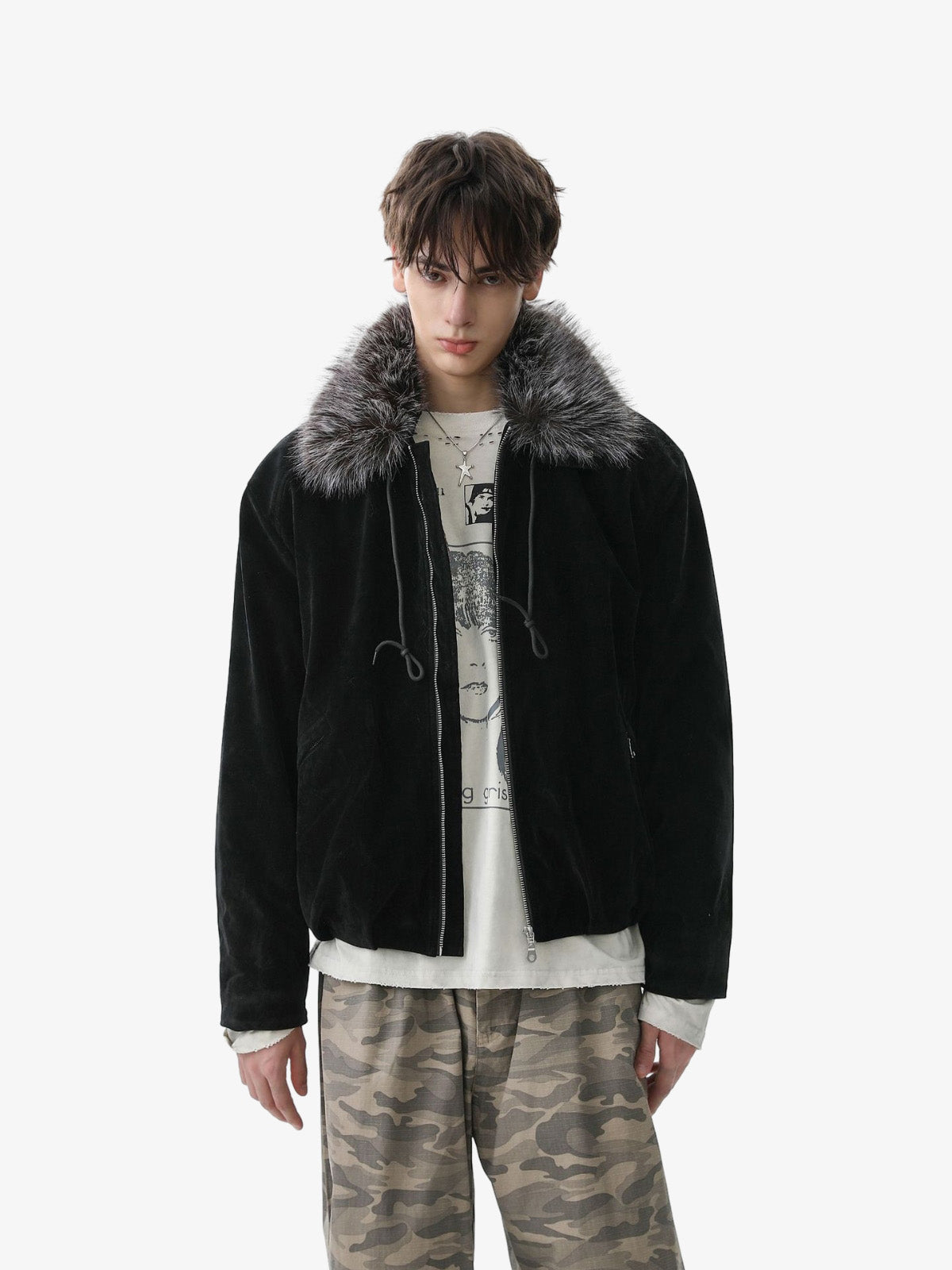 Vintage Drawstring Design Fur Collar Padded Jacket