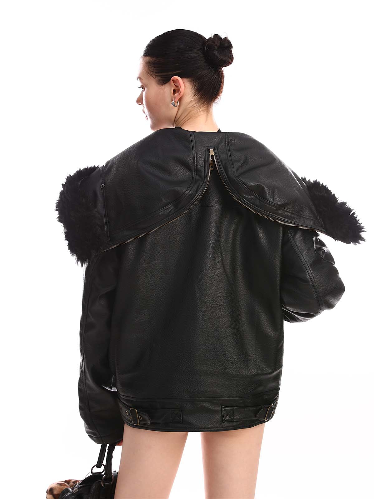Retro Detachable Fur Collar PU Multi-Pocket Bomber Jacket