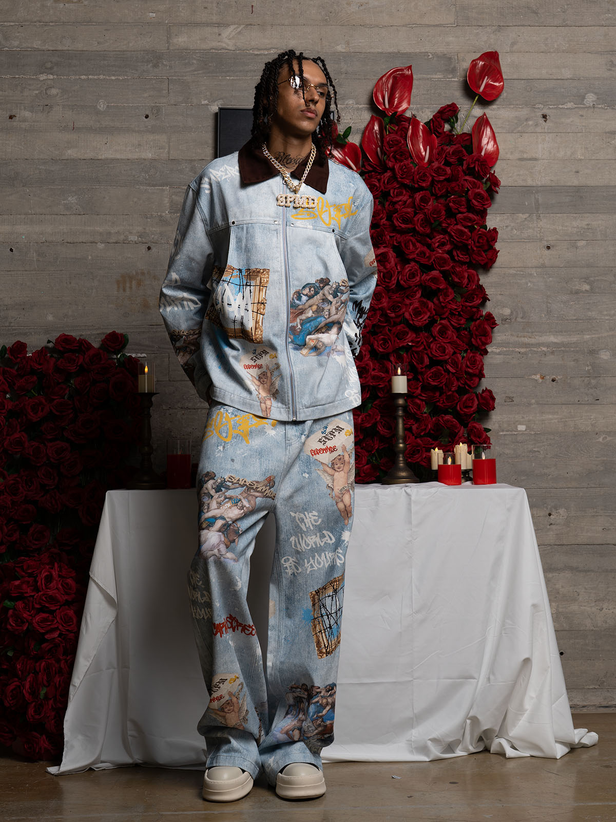 Artistic Patches Graphic  Distressed Denim Jacket