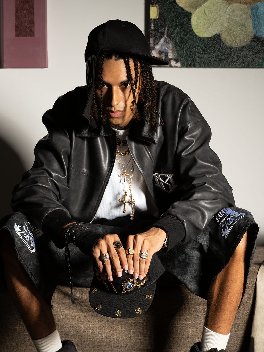 SUPM Fur Collar Rhinestone Pattern Leather Jacket