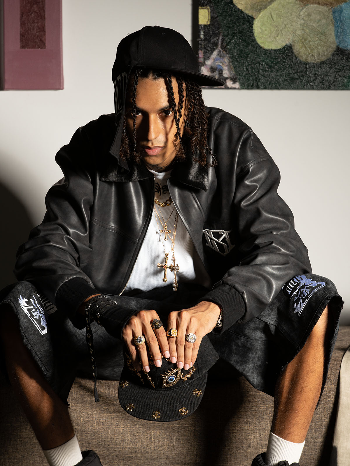 SUPM Fur Collar Rhinestone Pattern Leather Jacket